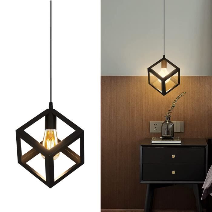 Zaku Suspension Luminaire Vintage Lustre Abat-jour en Métal Forme de Cube 1Pcs Lustre Suspension Industrielle Plafonnier Noir