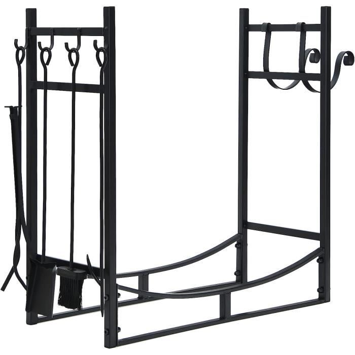 Porte-bûches En Fer Noir GYMAX - Support Bois Cheminée Intérieur/extérieur - 50kg Capacité - 46x31x46 Cm - Design Avec Motifs Feuilles - 11