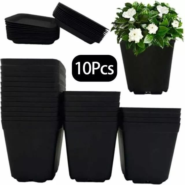 Lot De 10 Pots Carrés 7 Litres En Plastique Recyclé Noir - Pour Plantes, Fleurs, Culture Intérieur/extérieur, Drainage Surélevé
