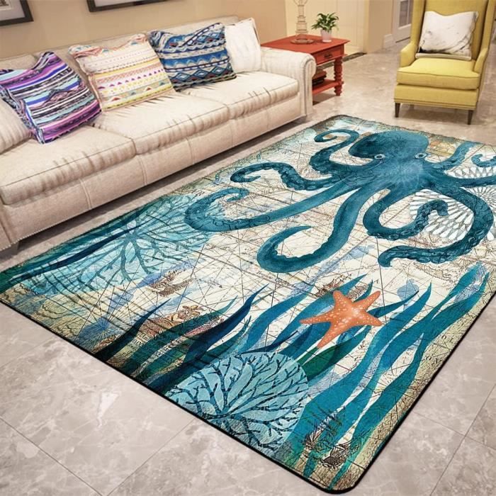 Grand Tapis Salon Dauphin Tortue De Mer Poulpe 3D Océan Tapis Chambre Tapis De Bain Bleu Mer