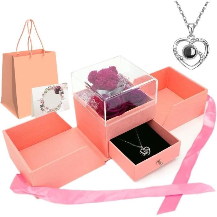 Rose éternelle Avec Collier Cœur + Boîte à Bijoux - Cadeau Femme Pour Noël, Saint-Valentin, Fête Des Mères…