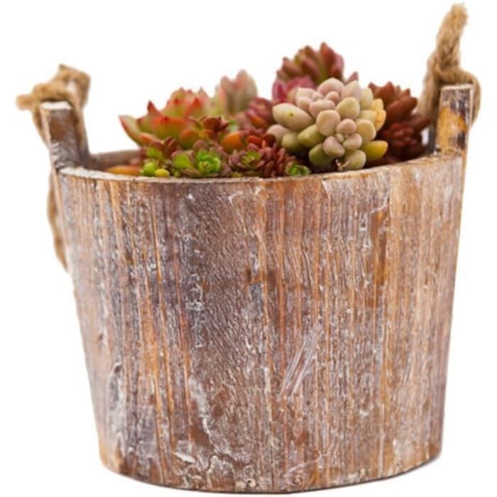 Cache-Pot En Bois DABIH - Poignées En Corde, Brun, 19x20 Cm, Pot Décoratif Pour Plantes
