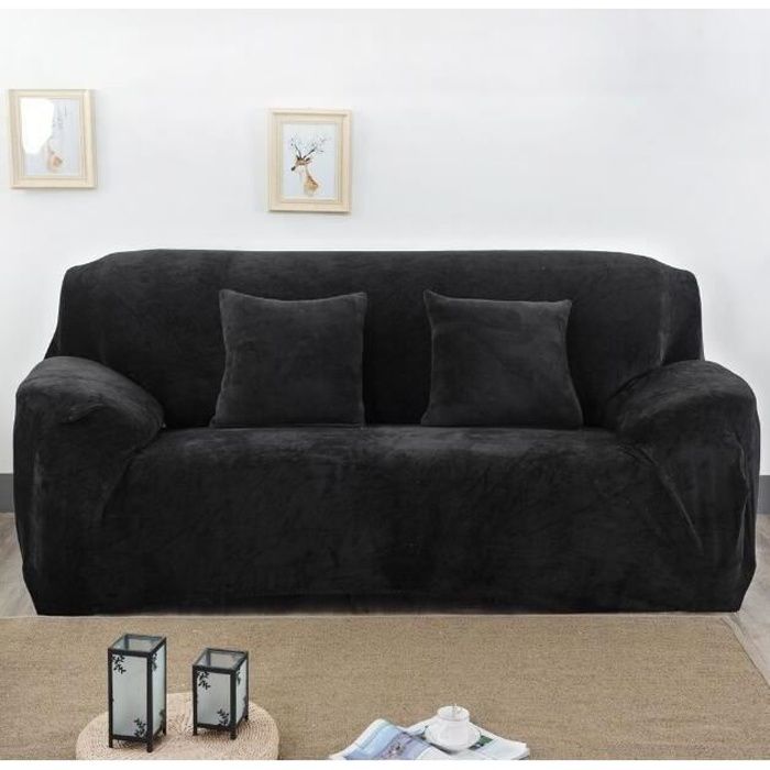 Housse de canapé - Velours - 2 places - Élastique - Noir - 145-185 cm