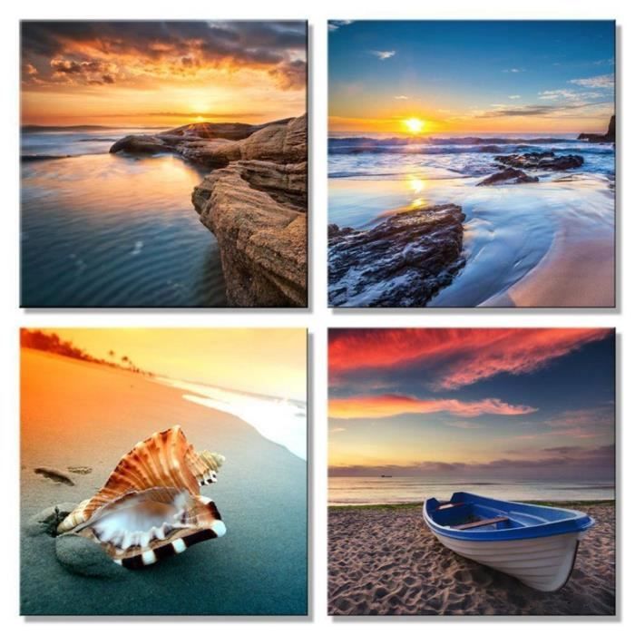 4pcs Bord De Mer Bateau Shell Coucher De Soleil Peinture Image Art Affiche Mur Bureau Decor Cdiscount Maison
