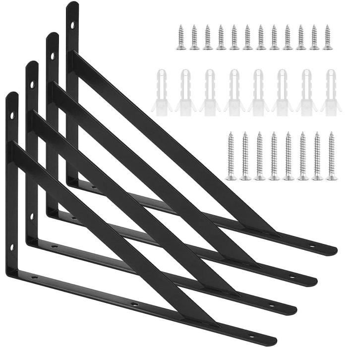 Supports D'étagère Murale, 25 Cm, Lot De 4, Noir, Acier, Avec Vis Capacite De Charge 30 Kg 97194492