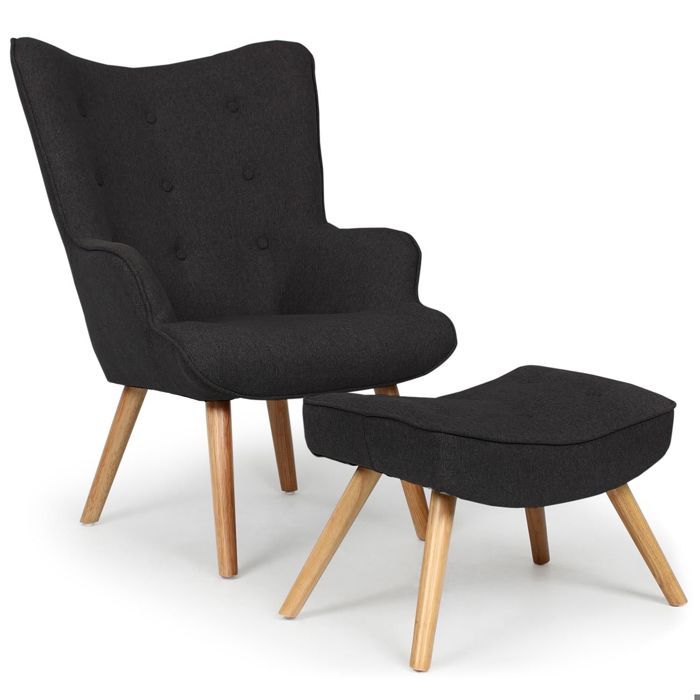 MENZZO Fauteuil scandinave + pouf Lylou Tissu Noir
