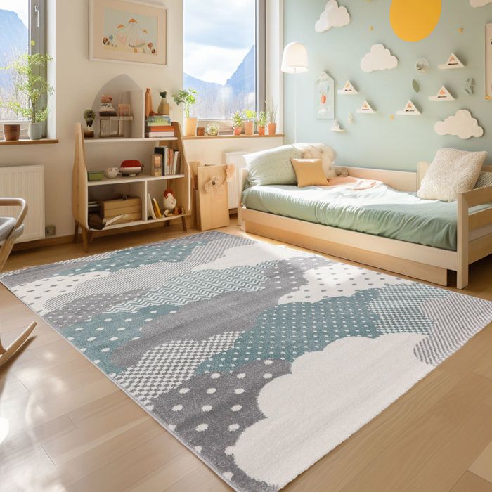 Tapis Enfant Nuage & Lune Gris Brillant 140x200 Cm – Poils Plat Doux, Chambre Bébé & Enfant, Compatible Chauffage Sol