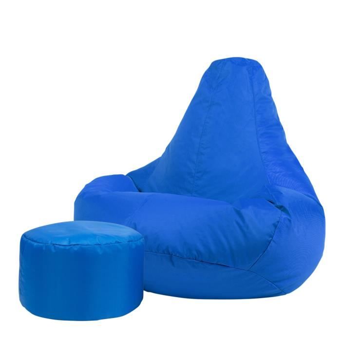 pouf fauteuil recliner et repose-pieds - veeva - textile tissé - résistant à l’eau - bleu