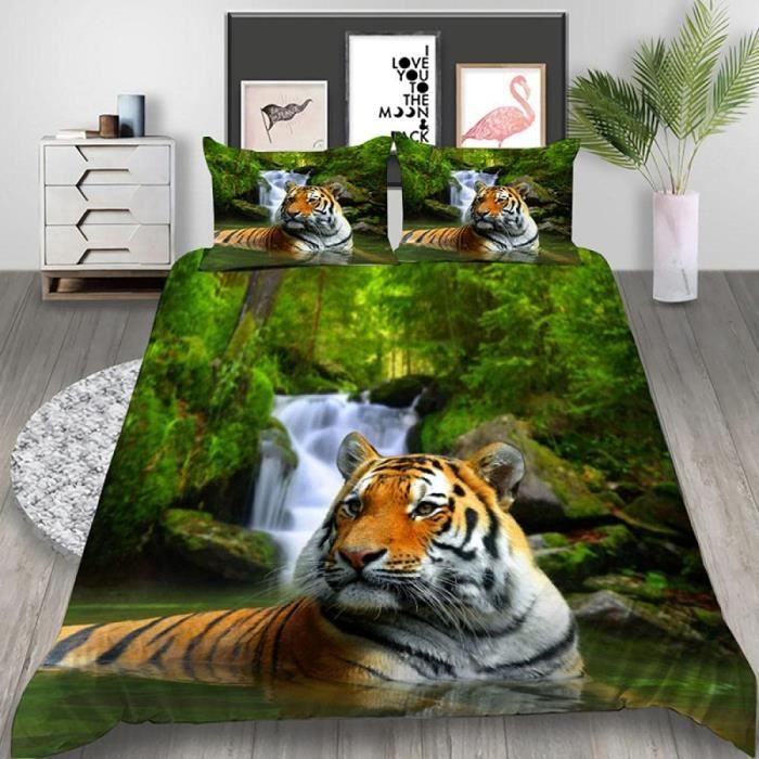 Housse De Couette Dobermann Microfibre Douce - Impression 3D Cascade Tropicale - Taies D'oreiller Incluses - Super King 260x220 Cm