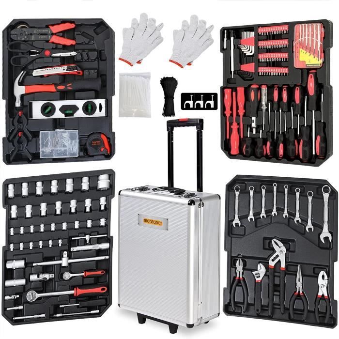 Valise à outils 899 pièces Poignée télescopique Malette à outils à roulettes Boite à outils Set doutils Clés Tournevis 204