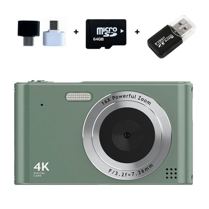Appareil photo numérique 64G CCD pour enfants et étudiants avec zoom 16x écran 24 pouces appareil numérique résolution 4K vert