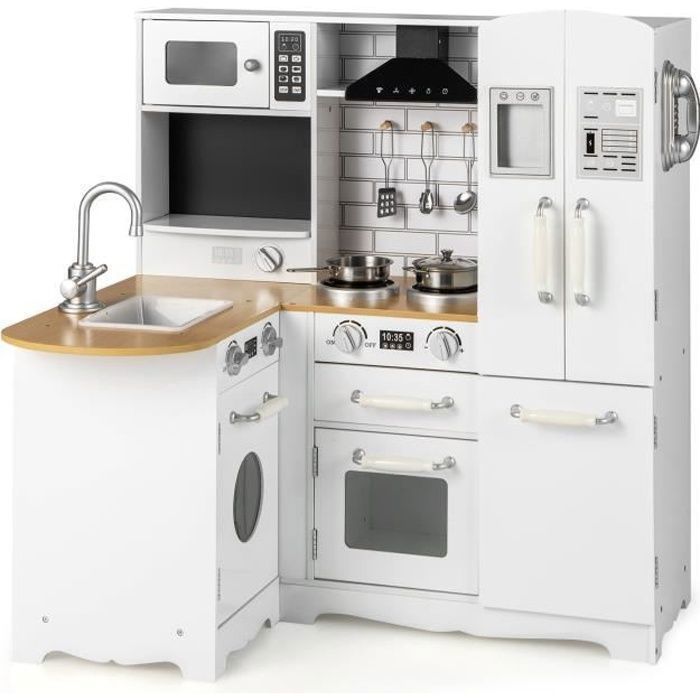 Cuisine Enfants XXL COSTWAY  Interactive -3 Ans+ - 5 Accessoires avec Téléphone en Bois Blanc