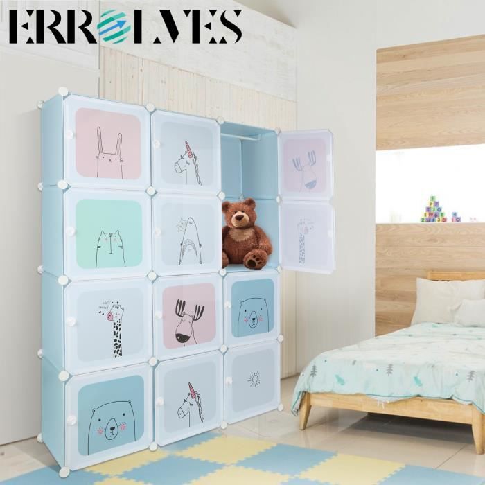 Armoire de chambre ERROLVES - Bleu - Penderie avec Portes - Modulable - Étagères de Rangement