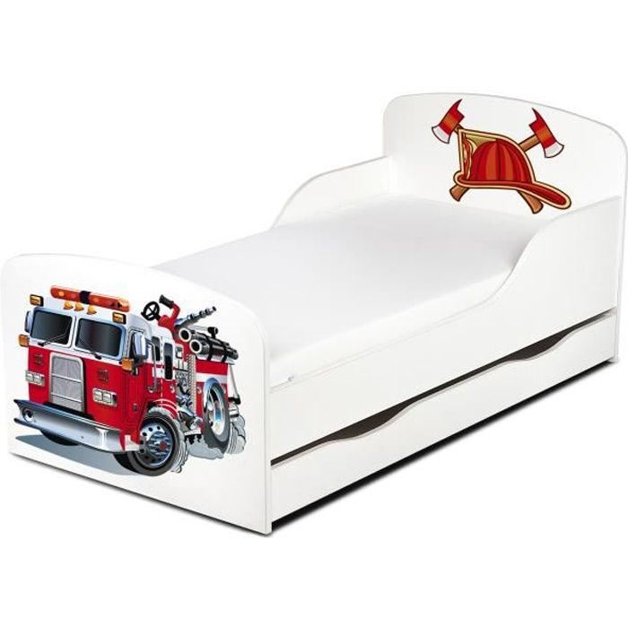 moderne lit d'enfant toddler en bois avec un matelas et un tiroir petit pompier