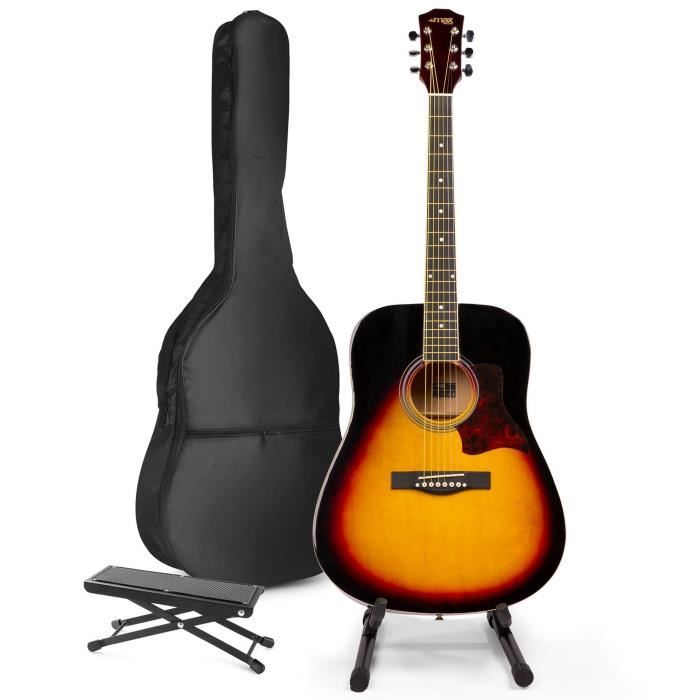 Guitare Acoustique MAX SoloJam Sunburst : Le Kit Complet Idéal pour Débuter en Guitare (Avec Support et Repose-Pied) – Seulement 95,90 €