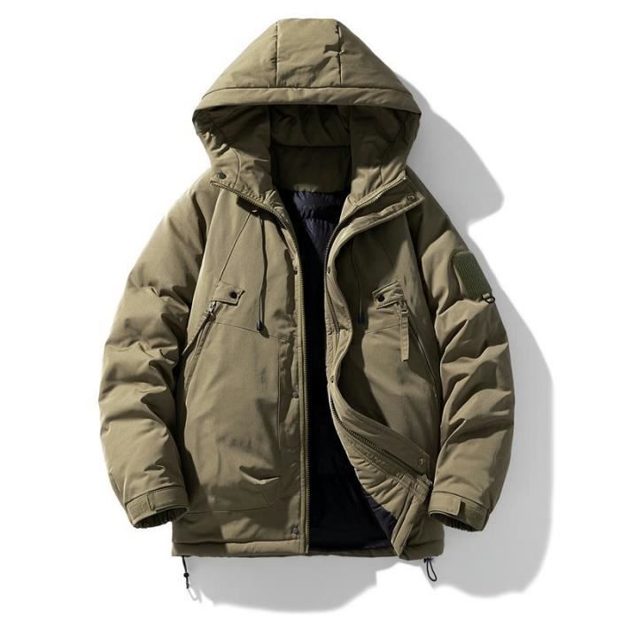 Doudoune Capuche Homme Chaude Hiver Casual Veste Cargo Zippee Epaisse Couleur Unie Automne Hiver