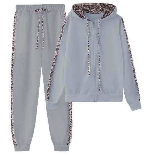 Ensemble de Survêtement Femme Léopard Sweat à Capuche Pantalon  Jogging Gris