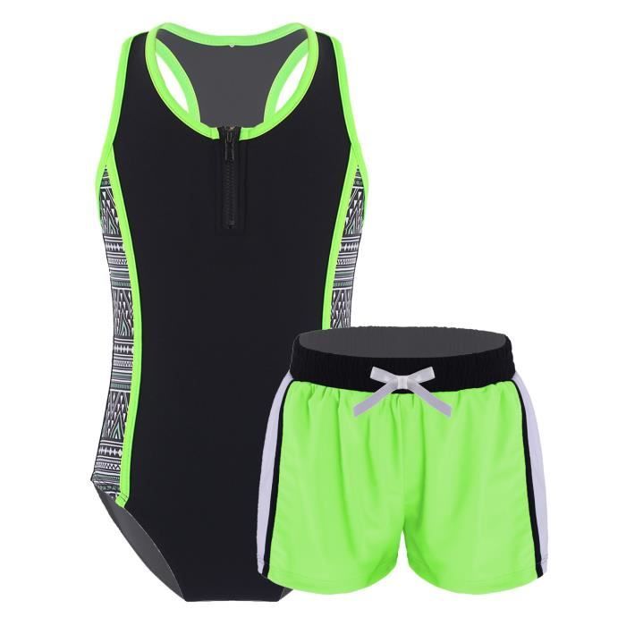 yizyif enfant fille maillot de bain 2 pièces combishort surf short natation sport 3-14 ans jaune