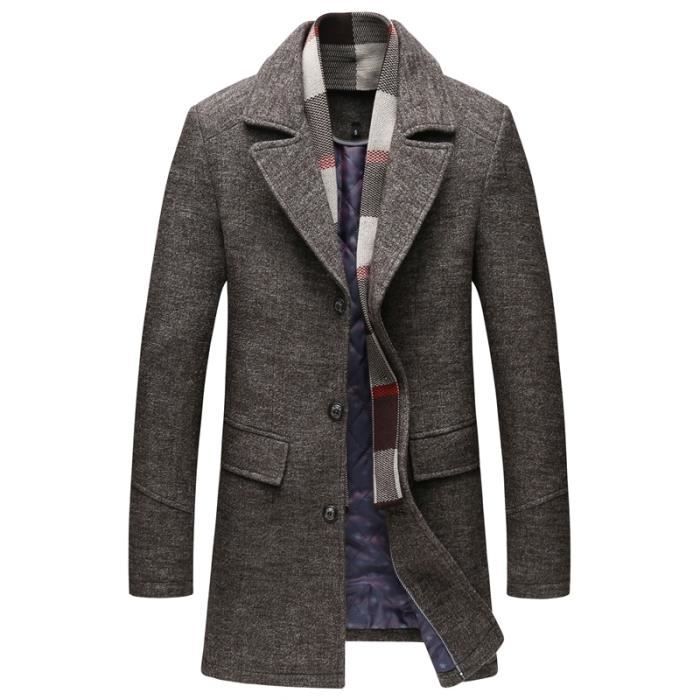 Manteau Homme Hiver Long En Laine à Capuche - Parka Épais Coupe-Vent - Style Casual Et Chaud - Taille Slim Fit