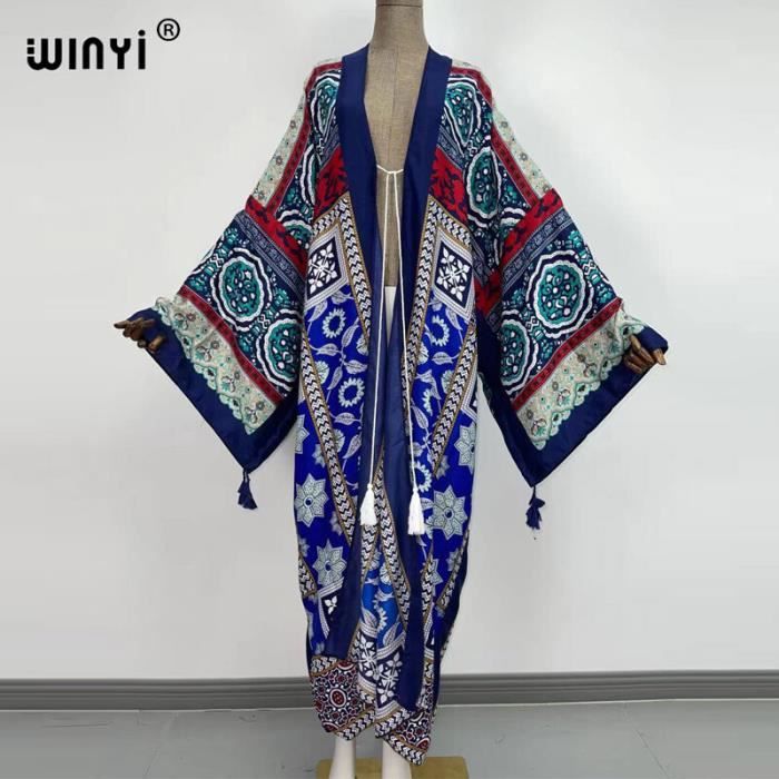Robe de plage,WINYIRobe kimono en coton rose pour femmes,imprimé Boho