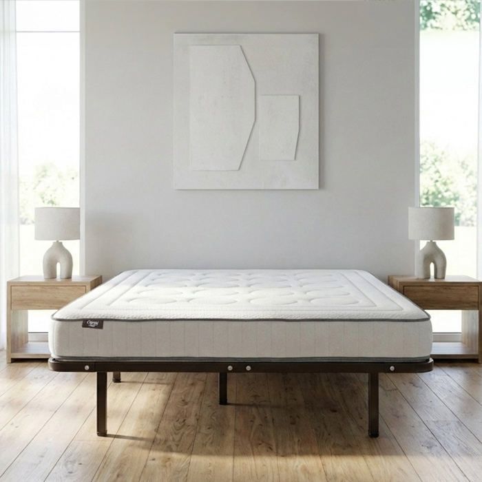 Ensemble Cristal 140x190 cm Matelas Mousse + Sommier Métal - Blanc
