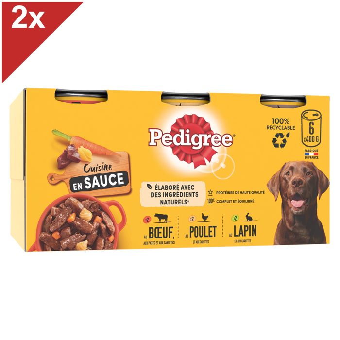 Comparer les prix de Pâtée pour chien PEDIGREE - 12 Boîtes en sauce - 3 variétés - 400g (2x6)