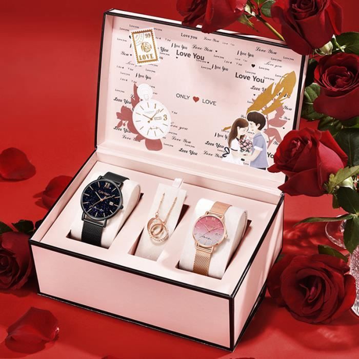 SHARPHY Lot de 2 montres - coffret montre homme + montre femme + collier - cadeaux de la Saint-Valentin luxe mode