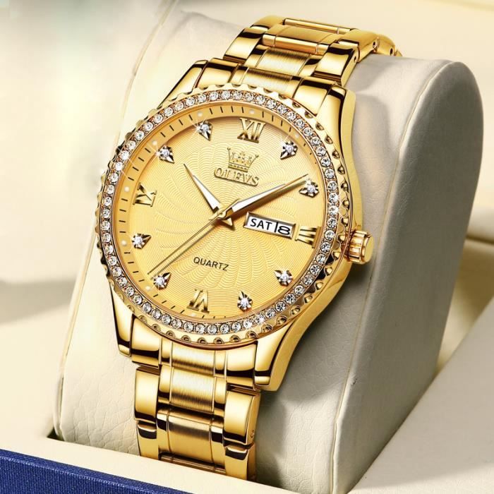 SHARPHY Montre homme de marque de luxe diamant affichage du calendrier bracelet en acier étanche doré haute qualité