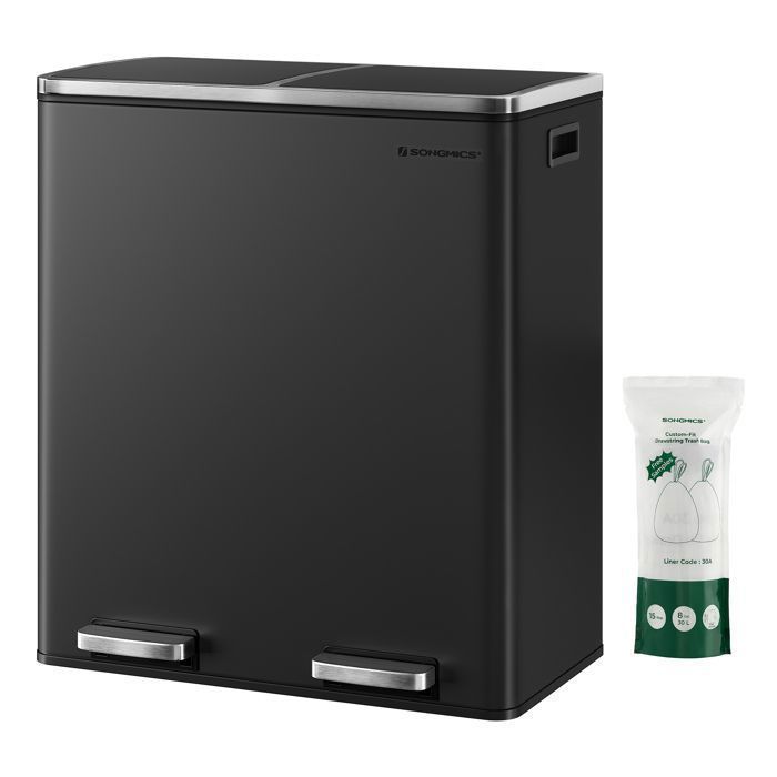SONGMICS Poubelle Cuisine 2 x 30L 2 Seaux en Plasatique avec 15 Sacs Poubelles Fermeture en Douceur Hermétique Noir
