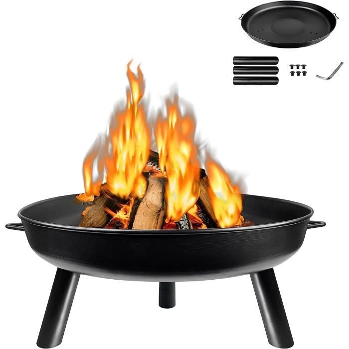 Brasero Jardin Fiqops 82,5cm - Fer Forgé Avec Pieds Amovibles - Pour Feux De Camp, Barbecues, Extérieur