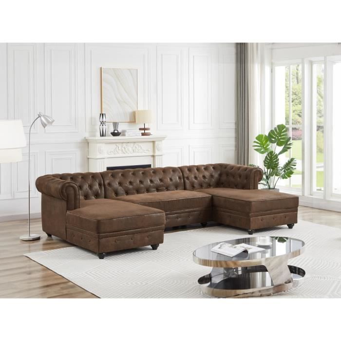 Canapé d'angle 5 places Marron Cuir Design Confort