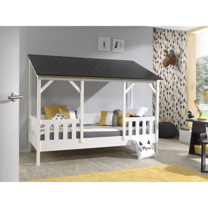 lit cabane - vipack - malia - barrière de lit intégrée - toit noir - blanc - bois massif