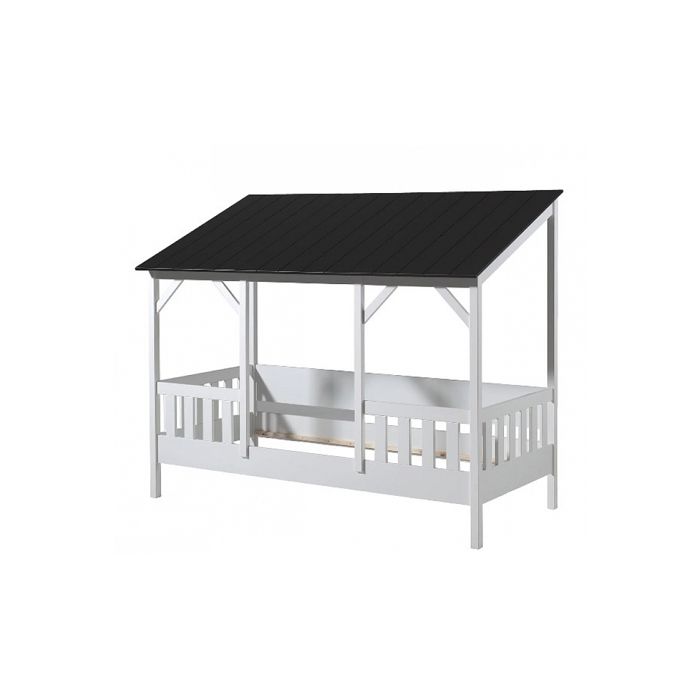 Lit cabane - VIPACK - Malia - Barrière de lit intégrée - Toit noir - Blanc - Bois massif Lit cabane - VIPACK - Malia - Barrière de lit intégrée - Toit noir - Blanc - Bois massif