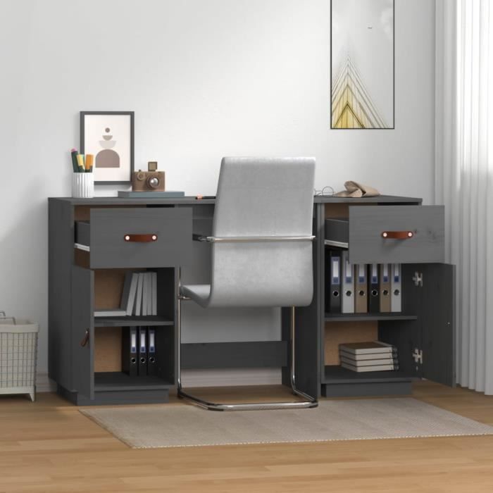 YOSOO Bureau avec armoires Gris 135x50x75 cm Bois massif de pin YS002