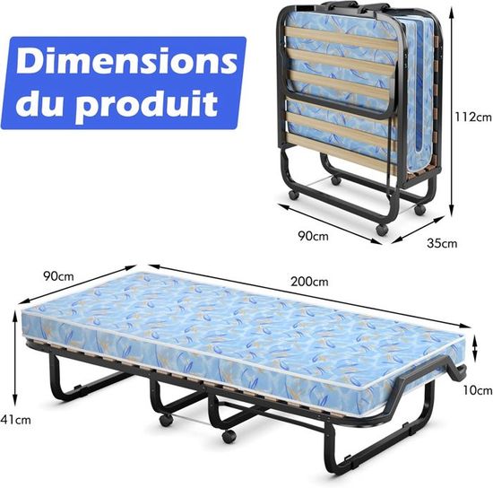 GOPLUS Lit Pliant à Roulettes 190x68,5x48,5CM Charge 204KG-Lit d'Appoint avec Matelas en Mousse GOPLUS Lit Pliant à Roulettes 190x68,5x48,5CM Charge 204KG-Lit d'Appoint avec Matelas en Mousse