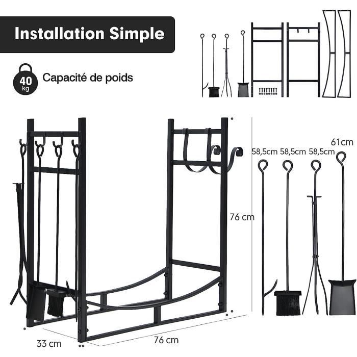 Porte-bûches En Fer Noir GYMAX - Support Bois Cheminée Intérieur/extérieur - 50kg Capacité - 46x31x46 Cm - Design Avec Motifs Feuilles - 9