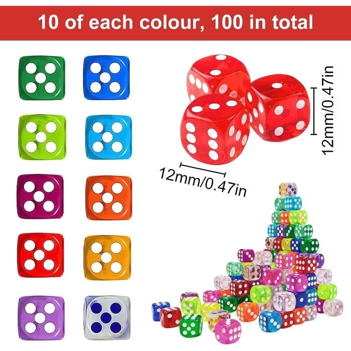 100 Pièces Dés 6 Faces, Translucide Dés de Jeux Coloré, 12mm des Ensemble, Acrylique Dé pour Jeu de Plateau Table Jouer, l'enseignement des Mathématiques, 10 Couleurs