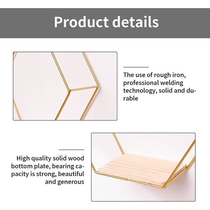 Set De 3 étagères Murales Hexagonales à Suspendre, étagère Flottante En Metal Et Bois Organisateur De Rangement Mural Pour Etagere De Cuisine Salle De Bain Chambre A Coucher Decoration Murale