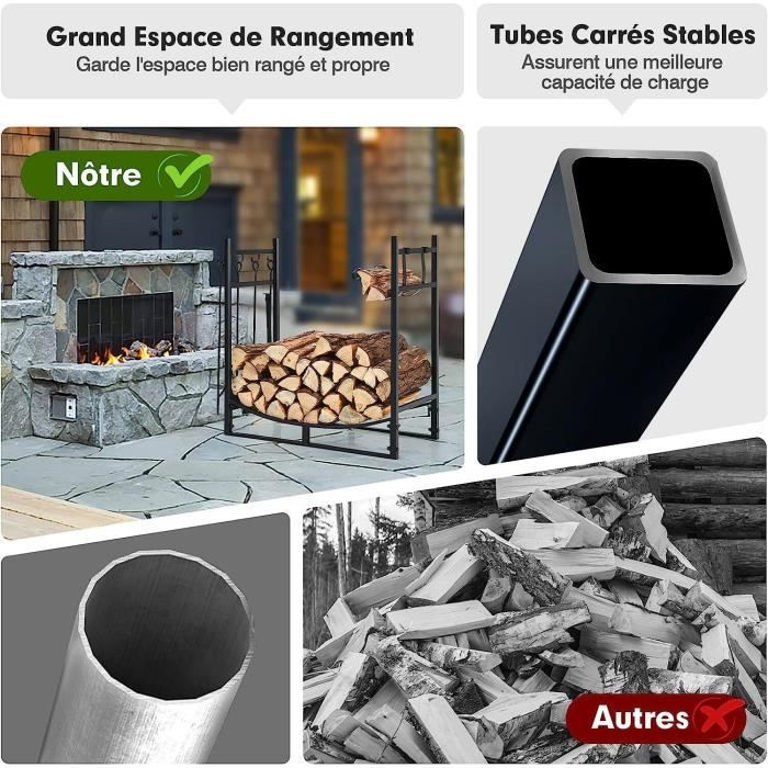 Porte-bûches En Fer Noir GYMAX - Support Bois Cheminée Intérieur/extérieur - 50kg Capacité - 46x31x46 Cm - Design Avec Motifs Feuilles - 10