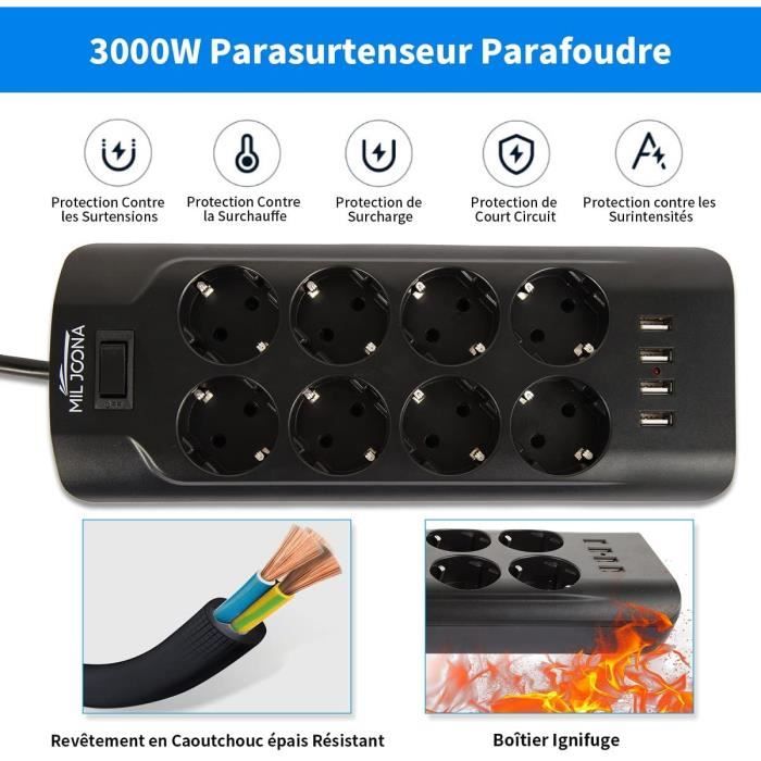Multiprise USB,Multiprise Parasurtenseur Parafoudre 4 Prises avec 8 Ports  USB (3.4A),3000W Multiprise Parafoudre et Surtension[104] - Cdiscount  Bricolage