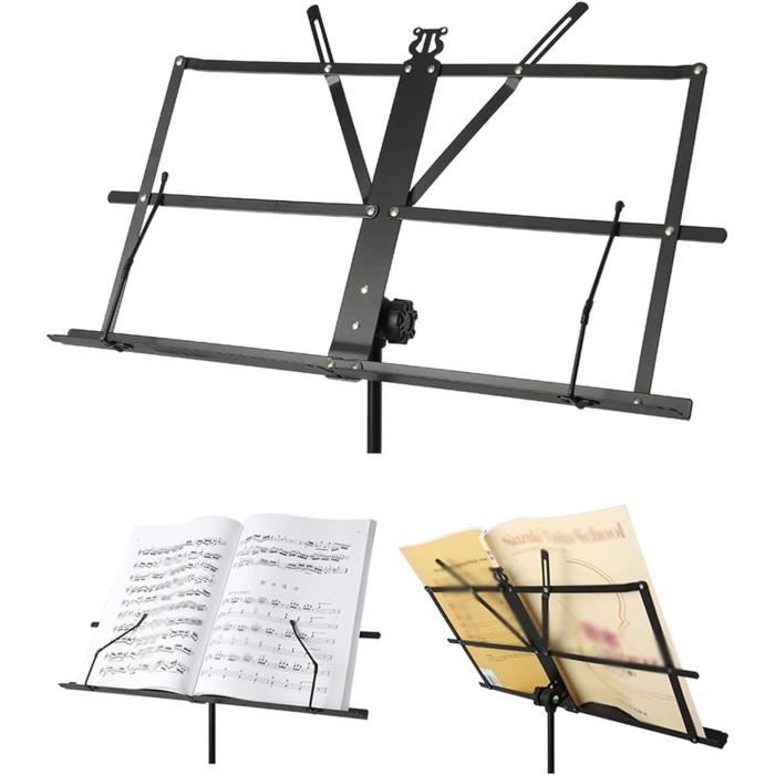 Pupitre d'orchestre noir métal noir pliable plateau perforé amovible raccord tube hauteur 67x120cm