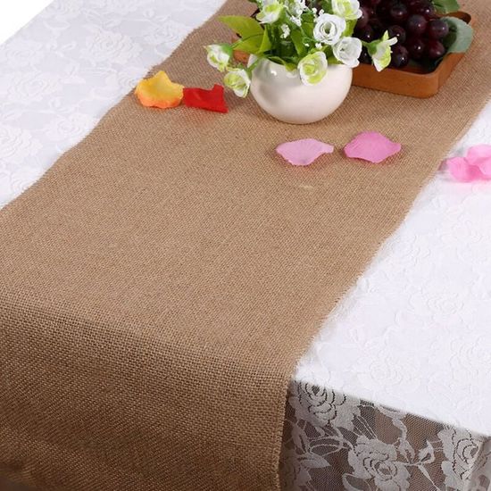 Chemin De Table Mariage Toile De Jute Et Dentelle - Blanc - 30cm X 275cm - Maison