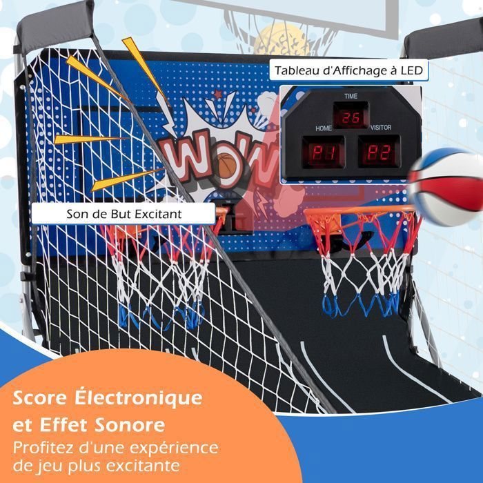 COSTWAY Jeu Basketball Arcade Pliable – 2 Paniers, 4 Ballons, 8 Modes, Score Électronique – 1 à 4 Joueurs, Enfants Et Adultes