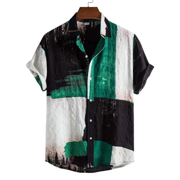 Chemise Hawaïenne Homme Manches Courtes - Mélange Soie - Motif Floral Vert - Taille XL