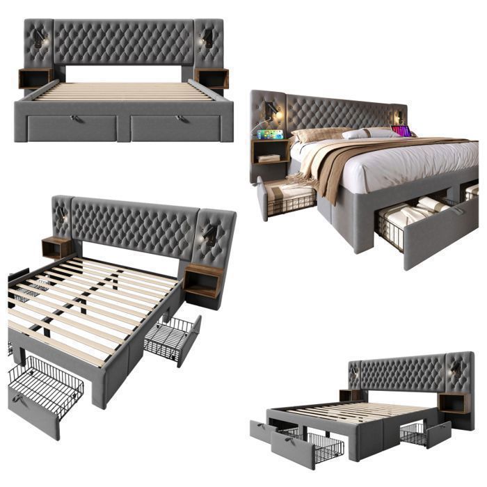 Lit Double 160x200 Avec Sommier, 4 Tiroirs Et Tête Capitonnée LED - Lit 2 Personnes Beige Lin Moderne Et Fonctionnel