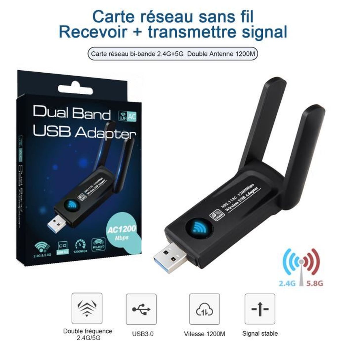 Adaptateur Réseau sans Fil Clé WiFi 1200Mbps USB Wireless Puissante WiFi Routeur Dual Band 2