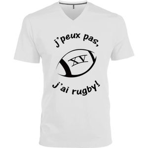 T-SHIRT T-shirt homme Col V J'peux pas J'ai Rugby ! (L - Blanc - Col V - Manches courtes)
