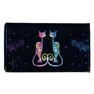 PORTE CHÉQUIER Porte chéquier portefeuille porte carte en cuir noir motif Couple de chat