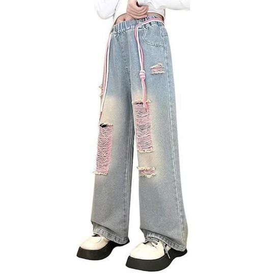 Jean Ample Ado Fille Taille Élastique 5-14 Ans - Pantalon Denim Large Confortable