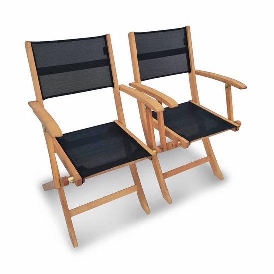 Fauteuils de jardin en bois et textilène - Almeria noir - 2 fauteuils pliants en bois d'Eucalyptus  huilé et textilène